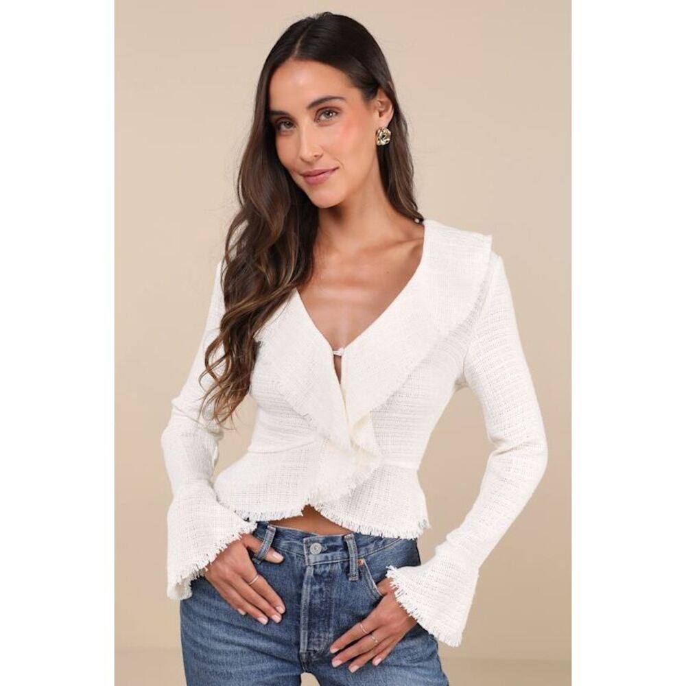 Lulus Complete Sophisticate Ivory Tweed Sheer V-neck Long Sleeve Top White